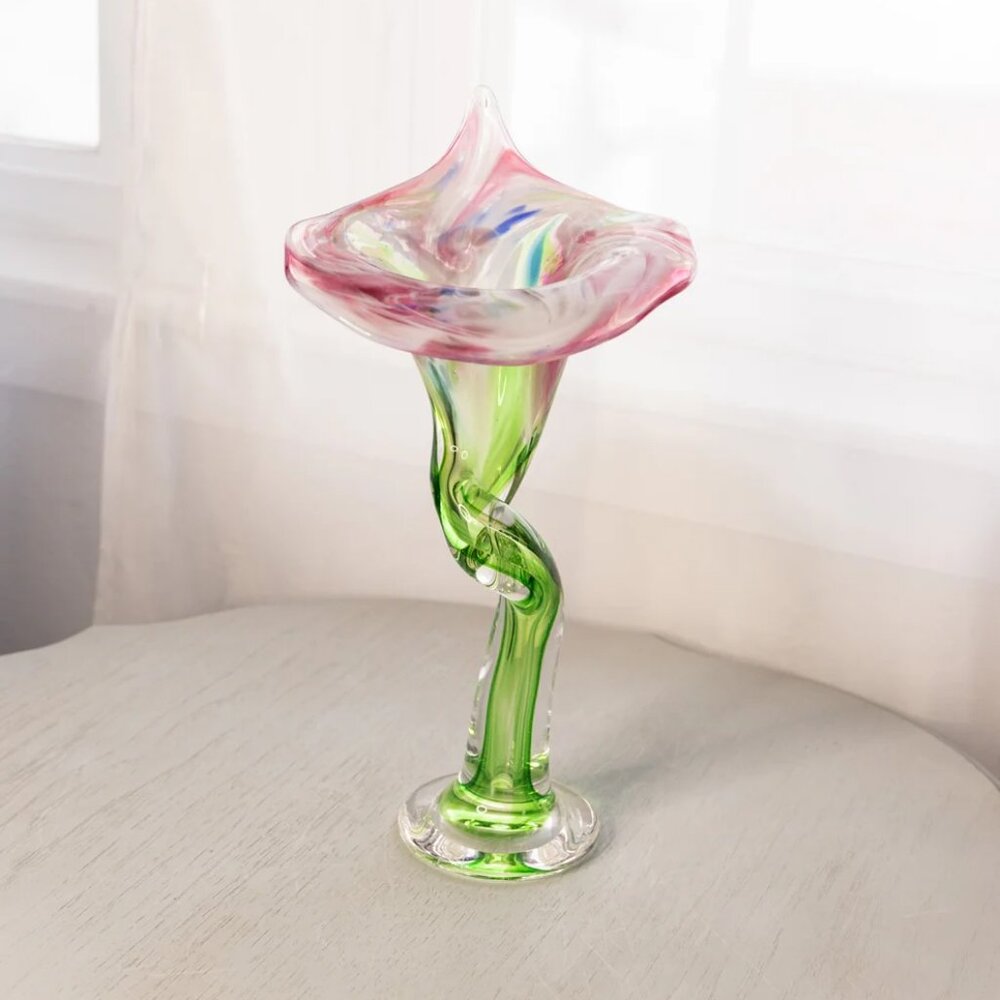 LE Smith Handblown Art Glass Jack-in-the-Pulpit Vase Green Pink White Blue